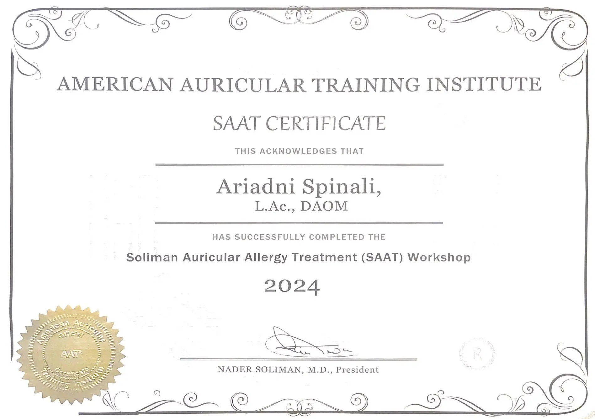 SAAT Certification - Dr. Ariadni Spinali